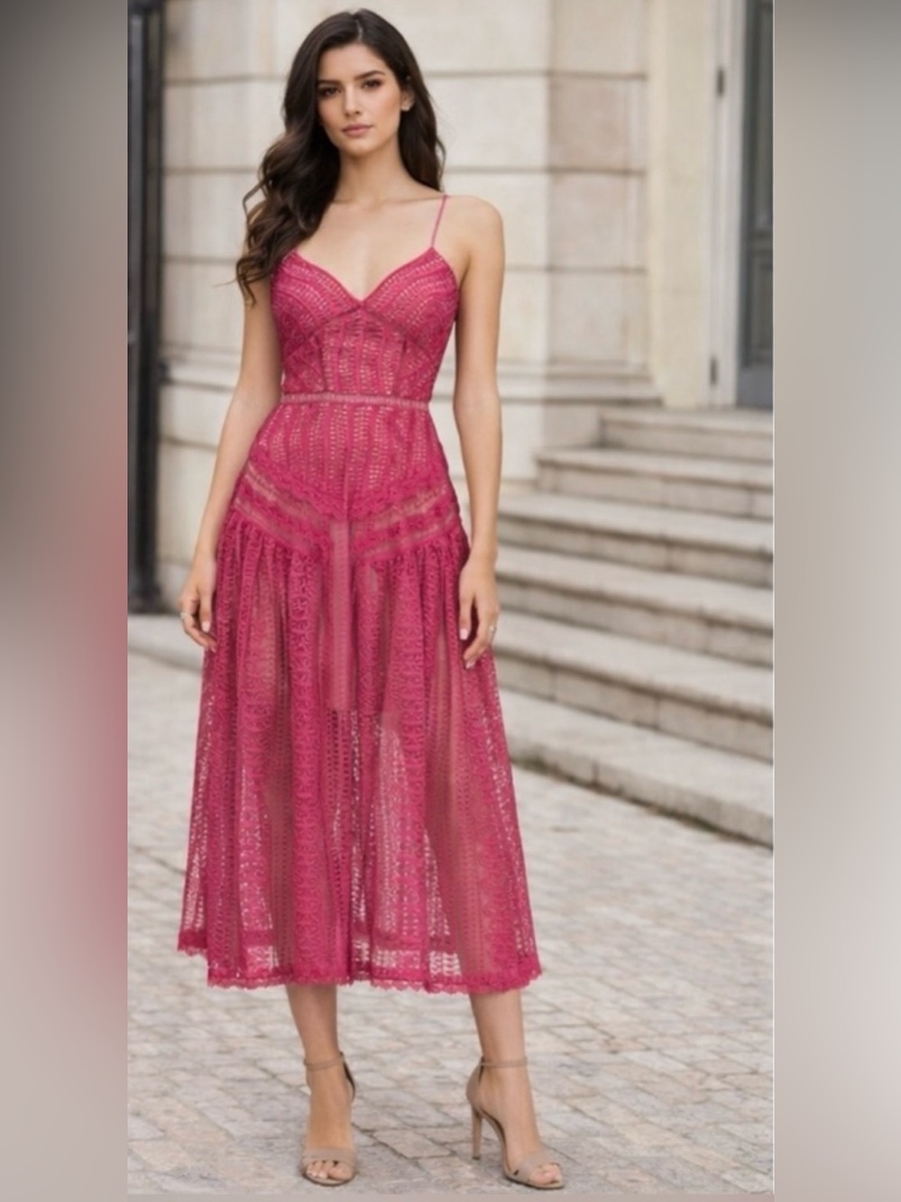 NWT Self-Portrait Guipure Lace Panel Midi Dress in fuchsia Pink Size US 4